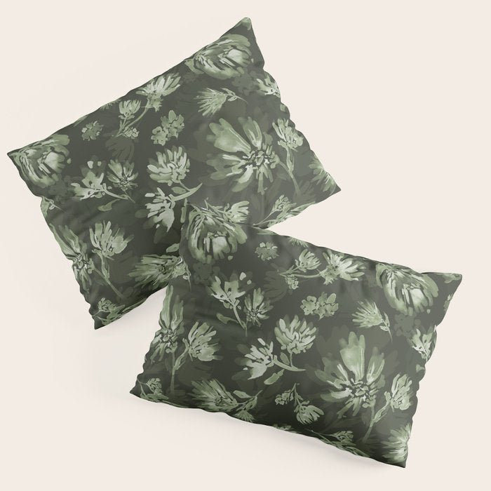 White and dark Sage green flowers watercolor pattern Pillow Sham Gallery Image 3