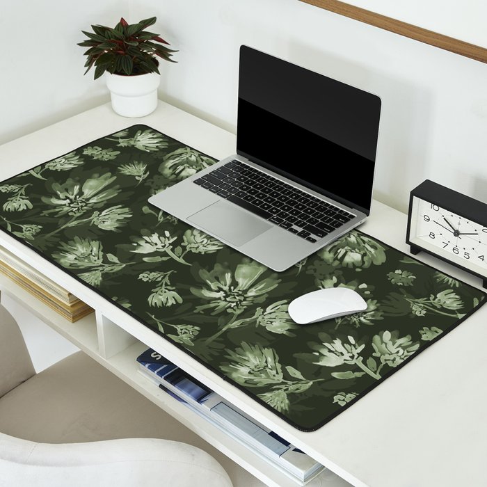 White and dark Sage green flowers watercolor pattern Desk Mat Gallery Image 2