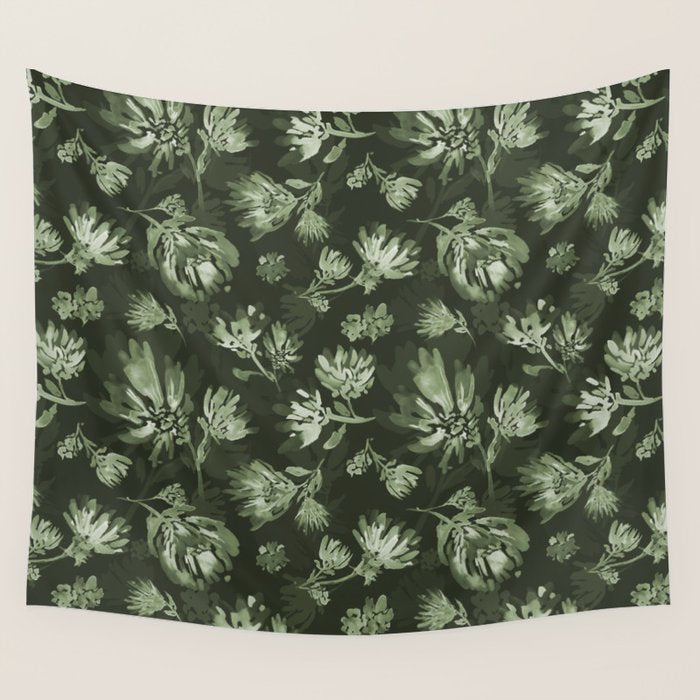White and dark Sage green flowers watercolor pattern Wall Tapestry Gallery Image 1