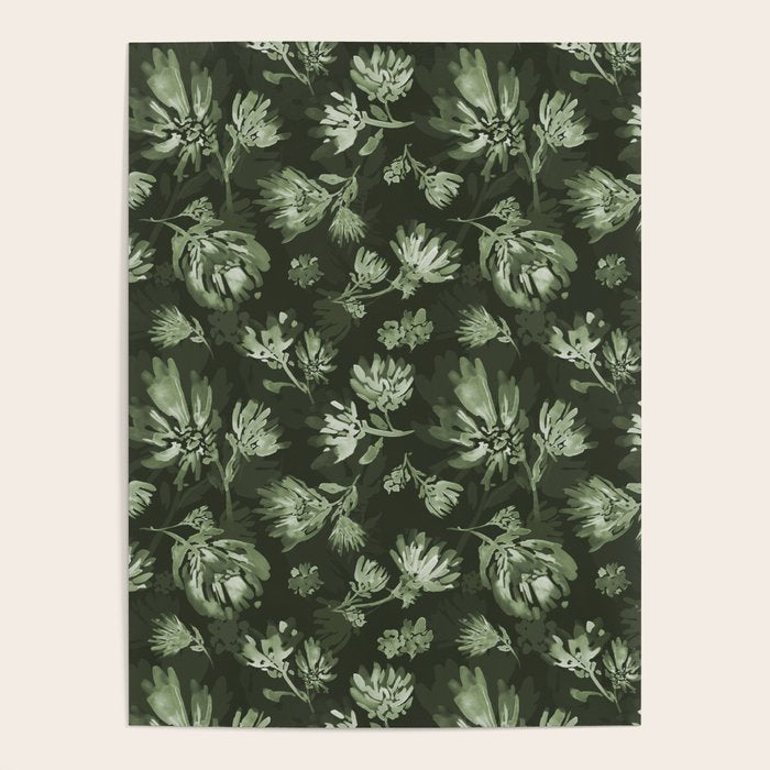 White and dark Sage green flowers watercolor pattern Poster Gallery Image 1