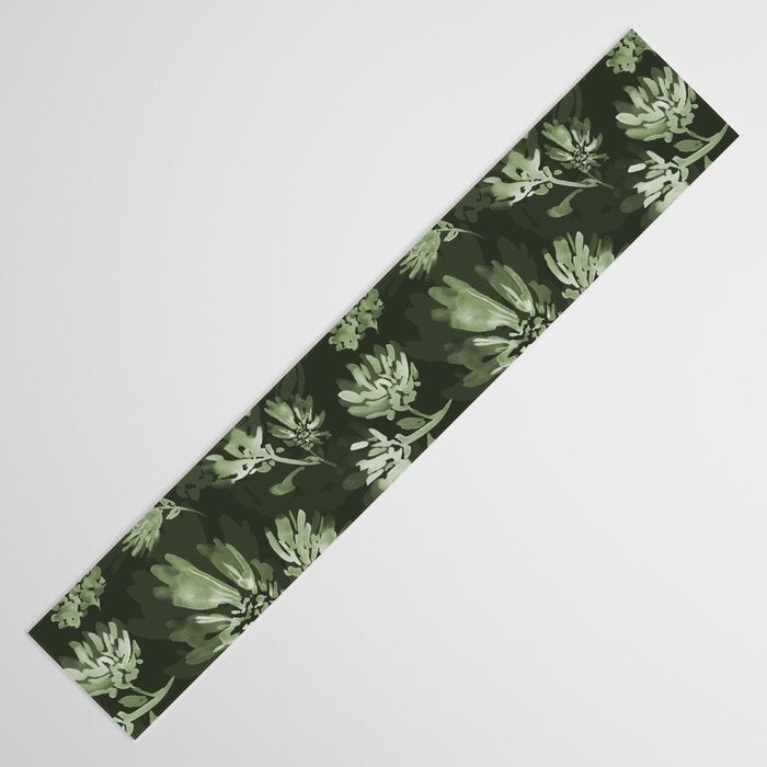 White and dark Sage green flowers watercolor pattern Table Runner Gallery Image 3