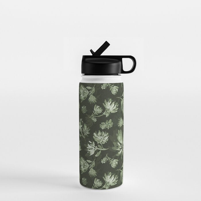 White and dark Sage green flowers watercolor pattern Water Bottle Gallery Image 1