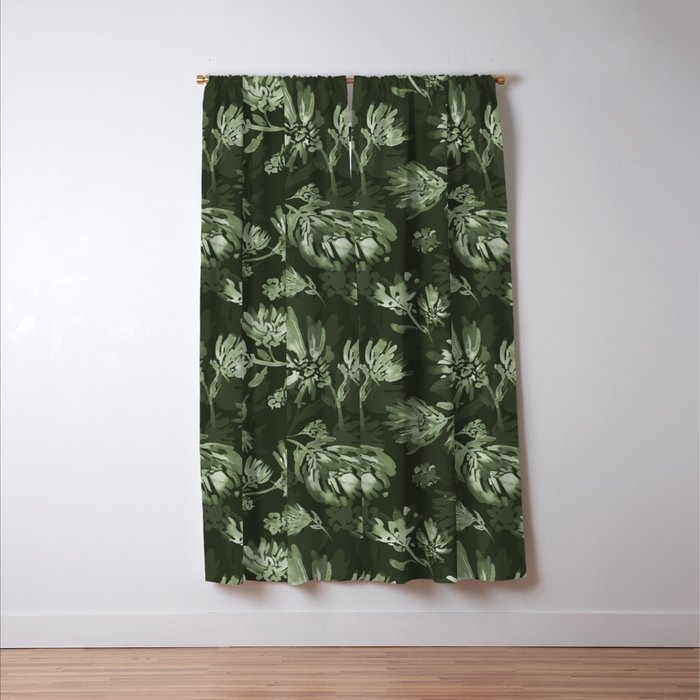 White and dark Sage green flowers watercolor pattern Window Curtain Gallery Image 3