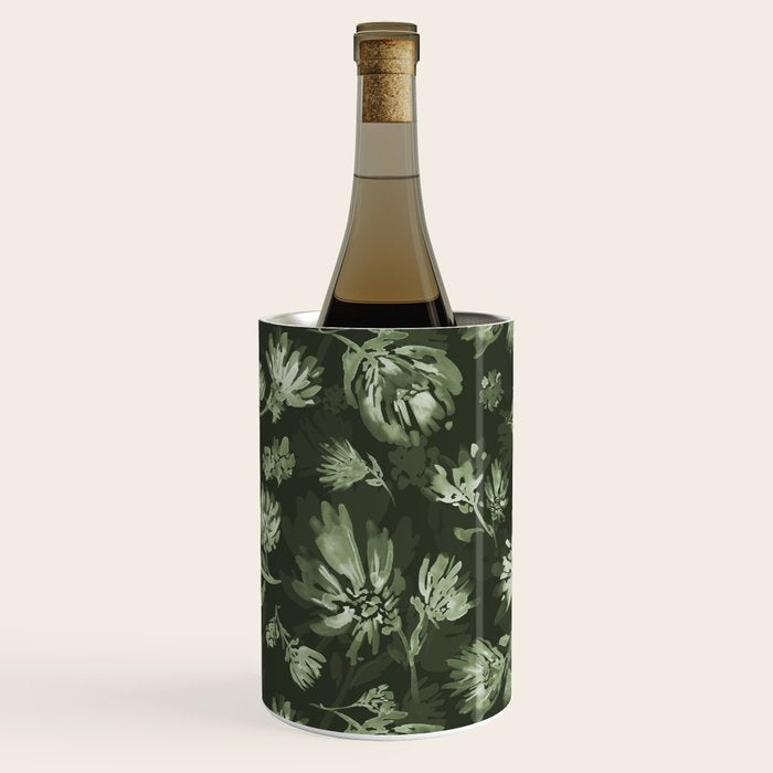 White and dark Sage green flowers watercolor pattern Wine Chiller Gallery Image 2