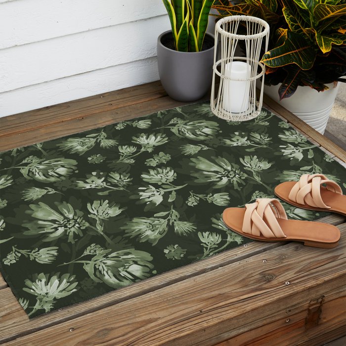 White and dark Sage green flowers watercolor pattern Outdoor Rug Gallery Image 2