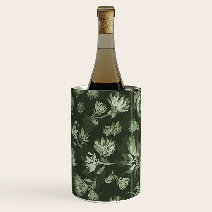 White and dark Sage green flowers watercolor pattern Wine Chiller