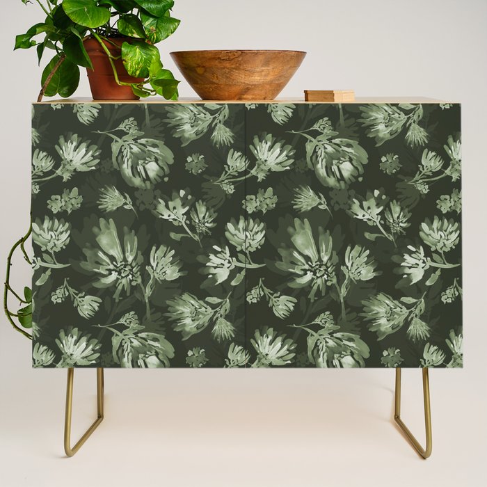 White and dark Sage green flowers watercolor pattern Credenza Gallery Image 1
