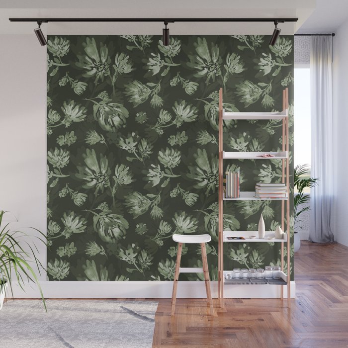 White and dark Sage green flowers watercolor pattern Wall Mural Gallery Image 1