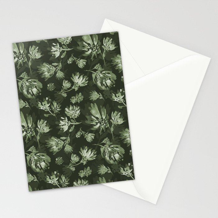 White and dark Sage green flowers watercolor pattern Stationery Card Gallery Image 2