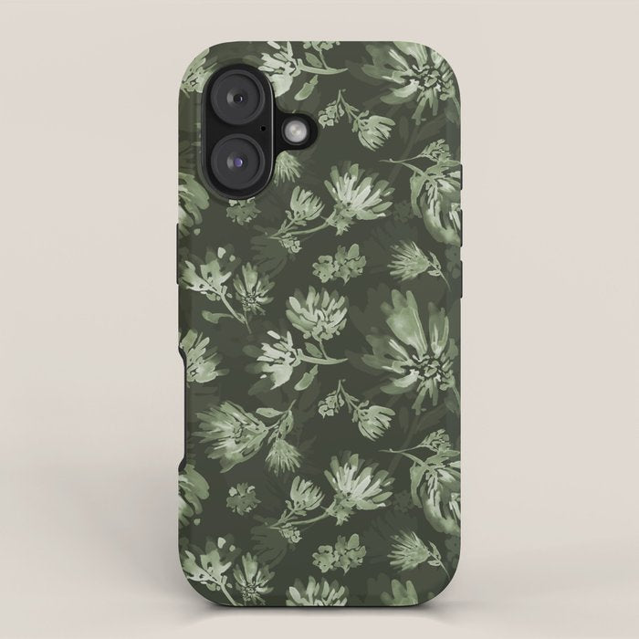 White and dark Sage green flowers watercolor pattern iPhone Case Gallery Image 1