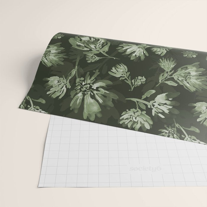 White and dark Sage green flowers watercolor pattern Wrapping Paper Gallery Image 2