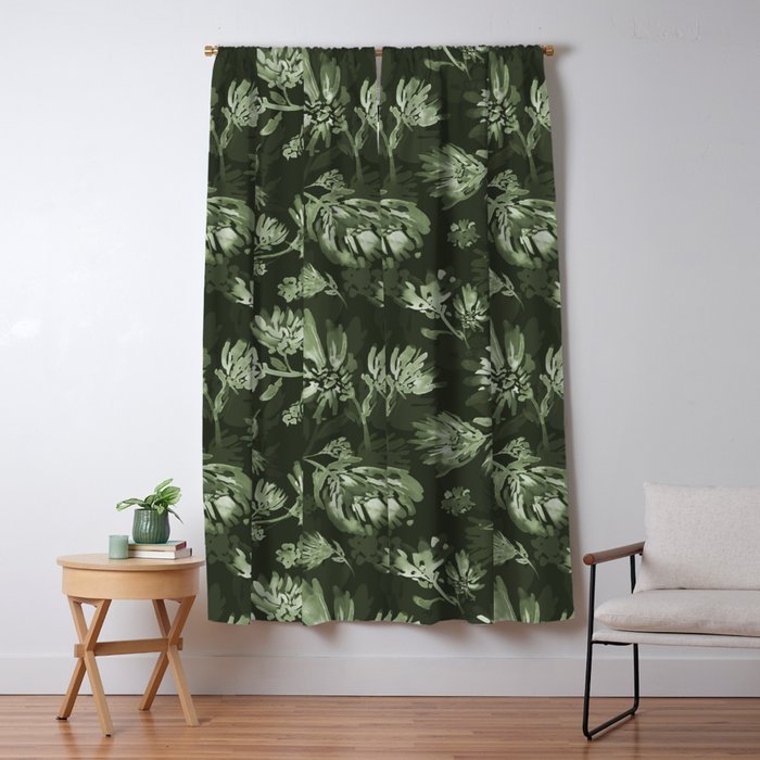 White and dark Sage green flowers watercolor pattern Window Curtain Gallery Image 1