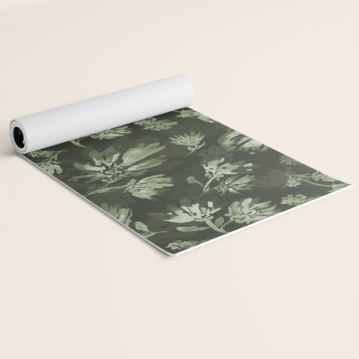 White and dark Sage green flowers watercolor pattern Yoga Mat Gallery Image 2