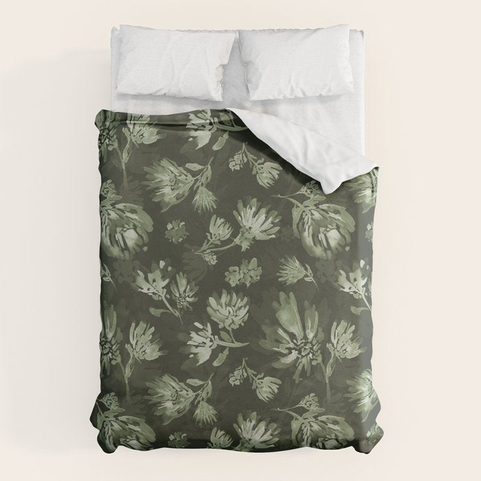 White and dark Sage green flowers watercolor pattern Duvet Cover Gallery Image 1