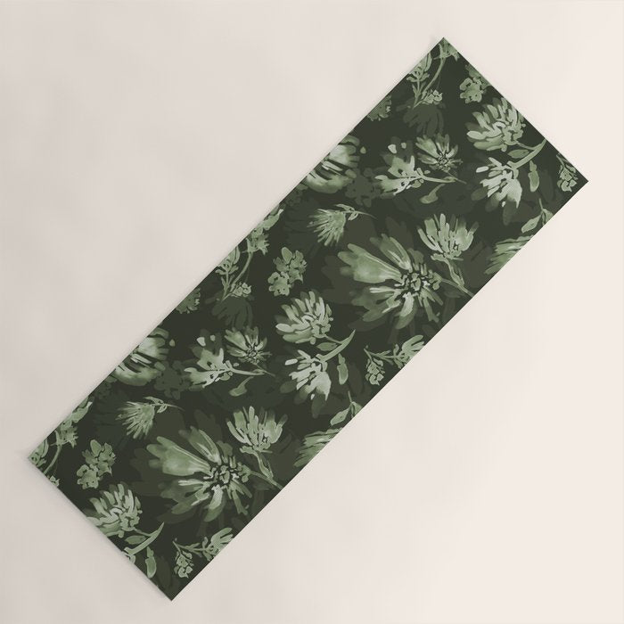 White and dark Sage green flowers watercolor pattern Yoga Mat Gallery Image 1