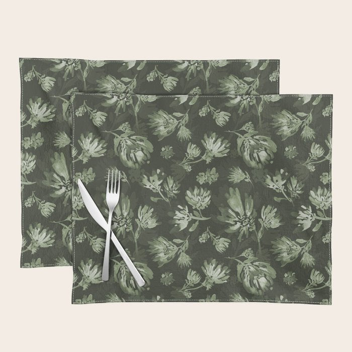 White and dark Sage green flowers watercolor pattern Placemat Gallery Image 1