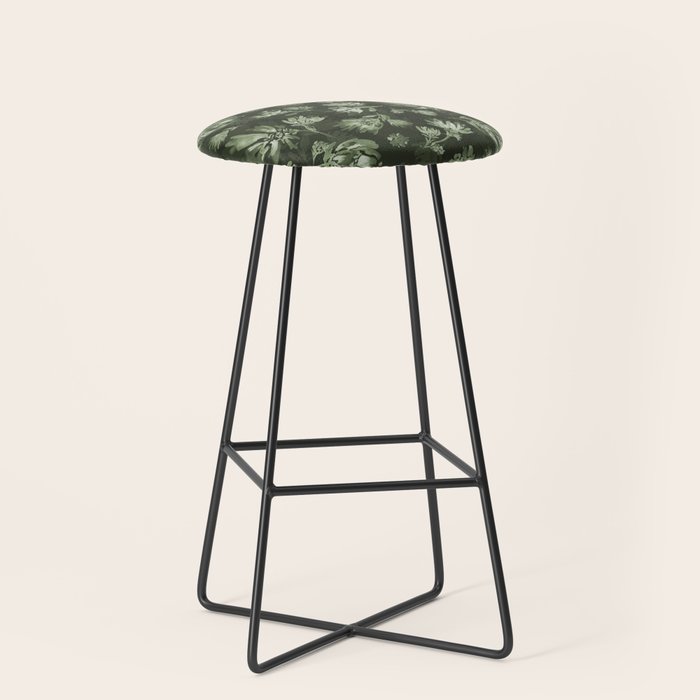 White and dark Sage green flowers watercolor pattern Stool Gallery Image 1