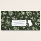 White and dark Sage green flowers watercolor pattern Desk Mat Gallery Image 1