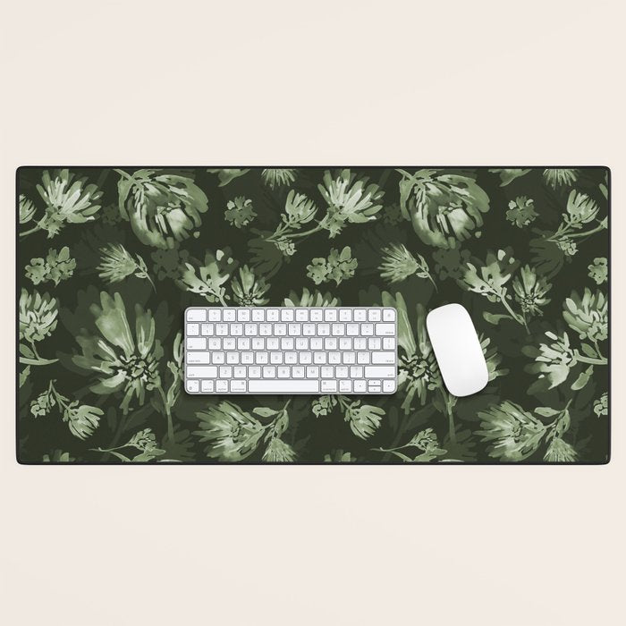 White and dark Sage green flowers watercolor pattern Desk Mat Gallery Image 1