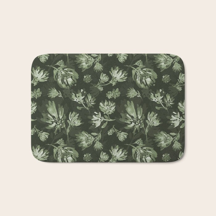 White and dark Sage green flowers watercolor pattern Bath Mat Gallery Image 1
