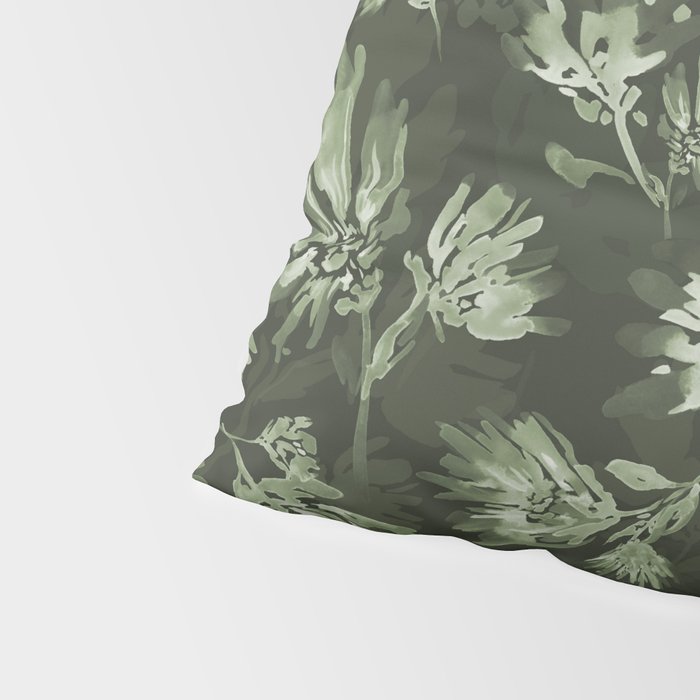 White and dark Sage green flowers watercolor pattern Pillow Sham Gallery Image 4