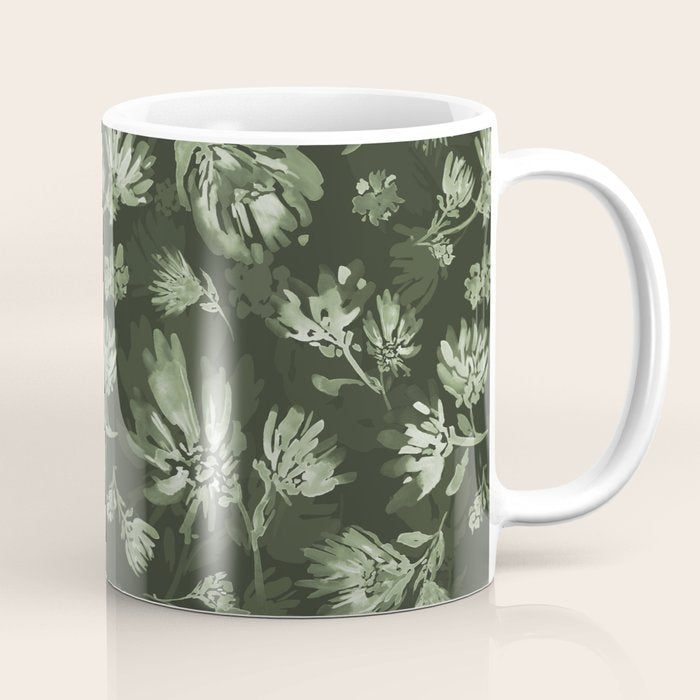White and dark Sage green flowers watercolor pattern Coffee Mug Gallery Image 1