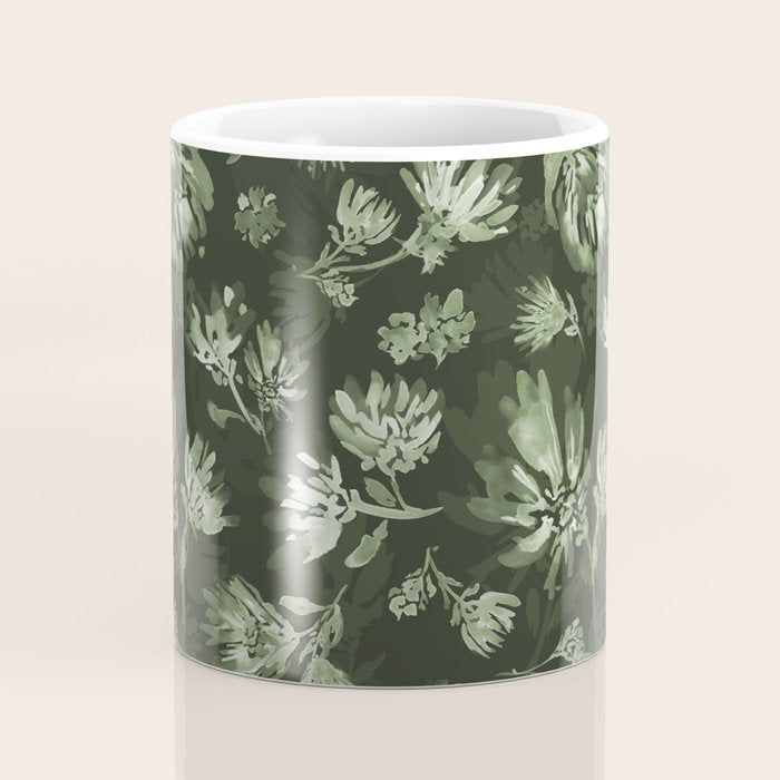 White and dark Sage green flowers watercolor pattern Coffee Mug Gallery Image 4
