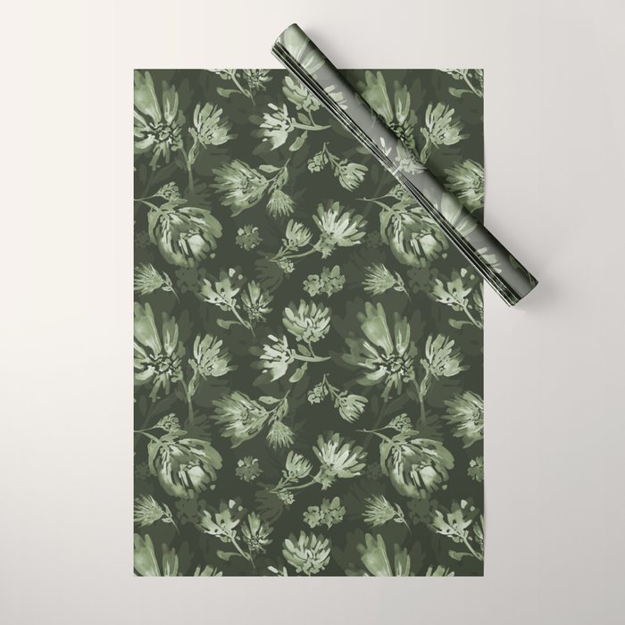 White and dark Sage green flowers watercolor pattern Wrapping Paper