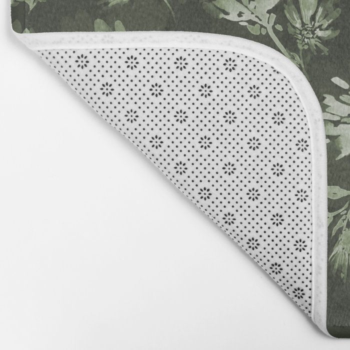White and dark Sage green flowers watercolor pattern Bath Mat Gallery Image 2