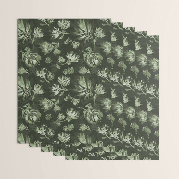 White and dark Sage green flowers watercolor pattern Wrapping Paper Gallery Image 3