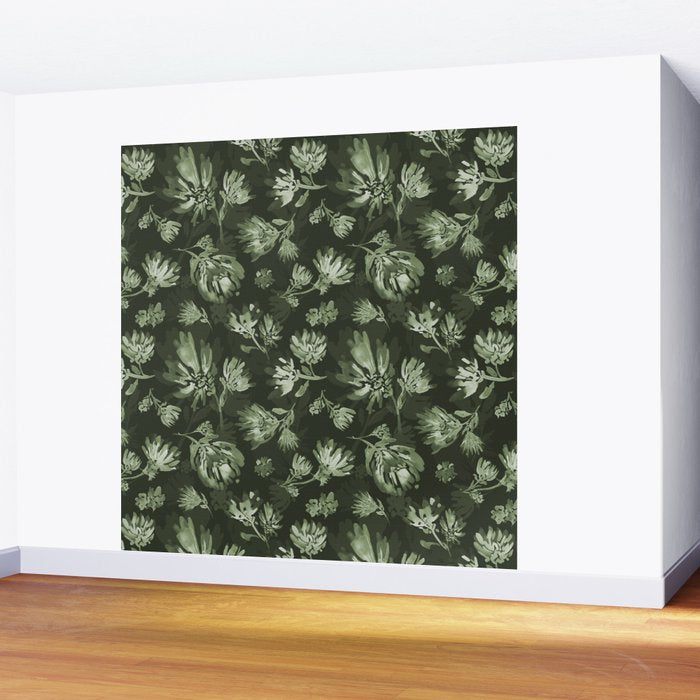 White and dark Sage green flowers watercolor pattern Wall Mural Gallery Image 2
