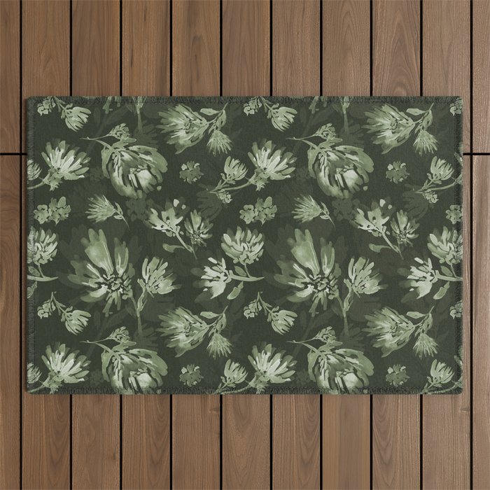 White and dark Sage green flowers watercolor pattern Outdoor Rug Gallery Image 1