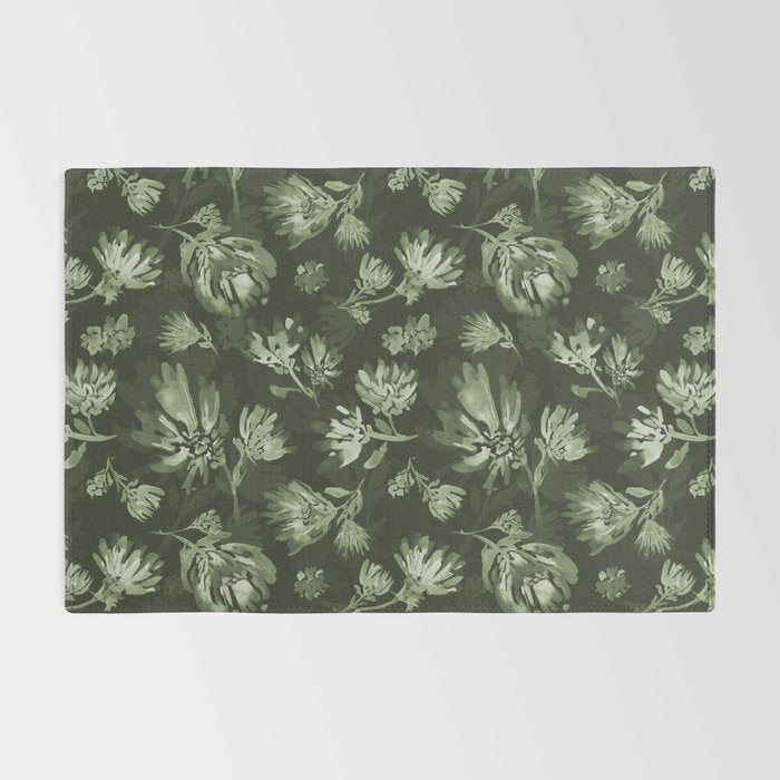White and dark Sage green flowers watercolor pattern Rug Gallery Image 2