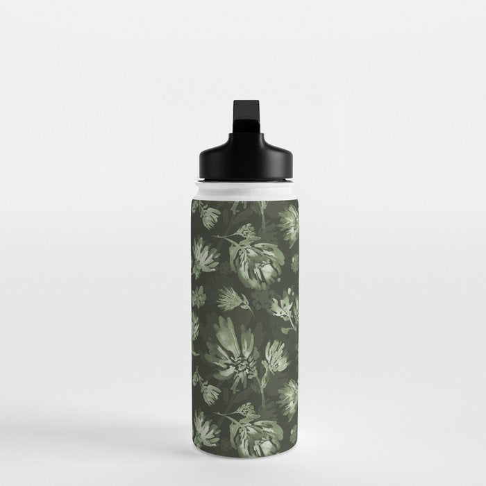 White and dark Sage green flowers watercolor pattern Water Bottle Gallery Image 3