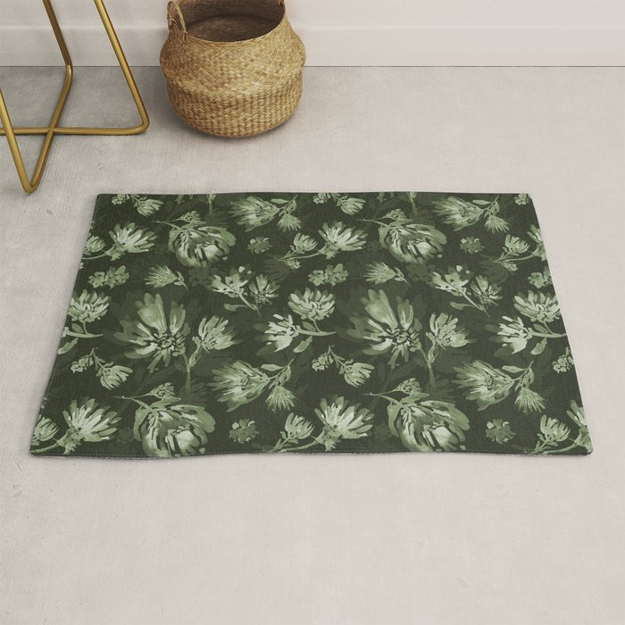 White and dark Sage green flowers watercolor pattern Rug Gallery Image 1