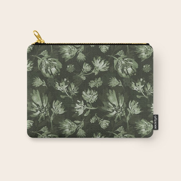 White and dark Sage green flowers watercolor pattern Carry All Pouch Gallery Image 1
