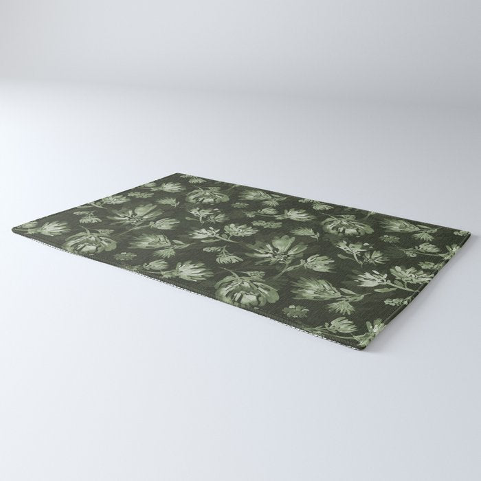 White and dark Sage green flowers watercolor pattern Rug Gallery Image 3