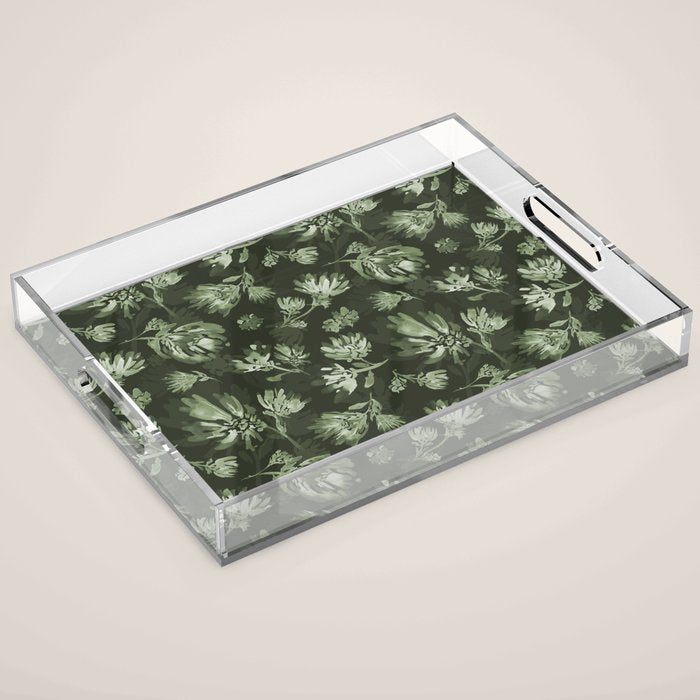 White and dark Sage green flowers watercolor pattern Acrylic Tray Gallery Image 1