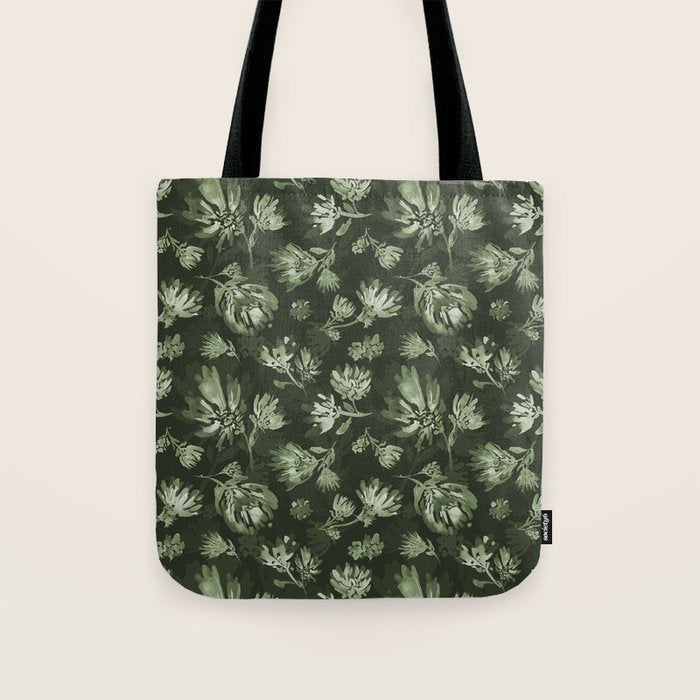 White and dark Sage green flowers watercolor pattern Tote Bag Gallery Image 1