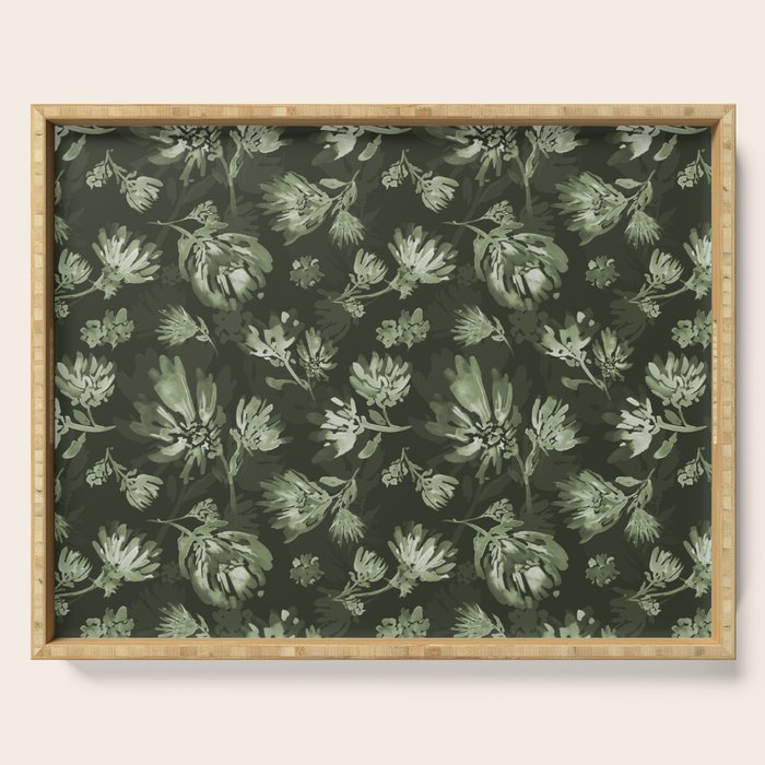 White and dark Sage green flowers watercolor pattern Serving Tray Gallery Image 1