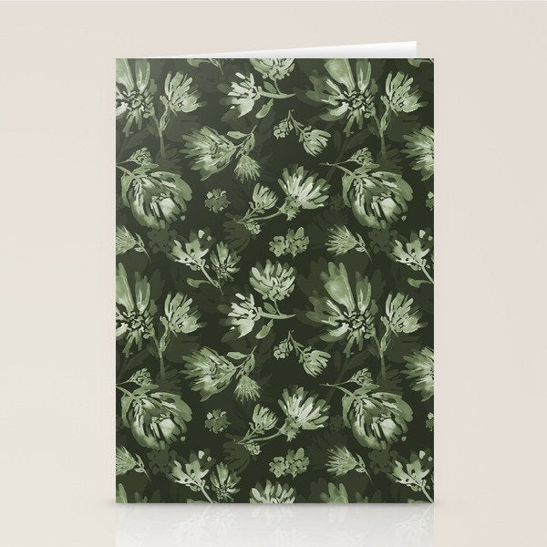 White and dark Sage green flowers watercolor pattern Stationery Card Gallery Image 1