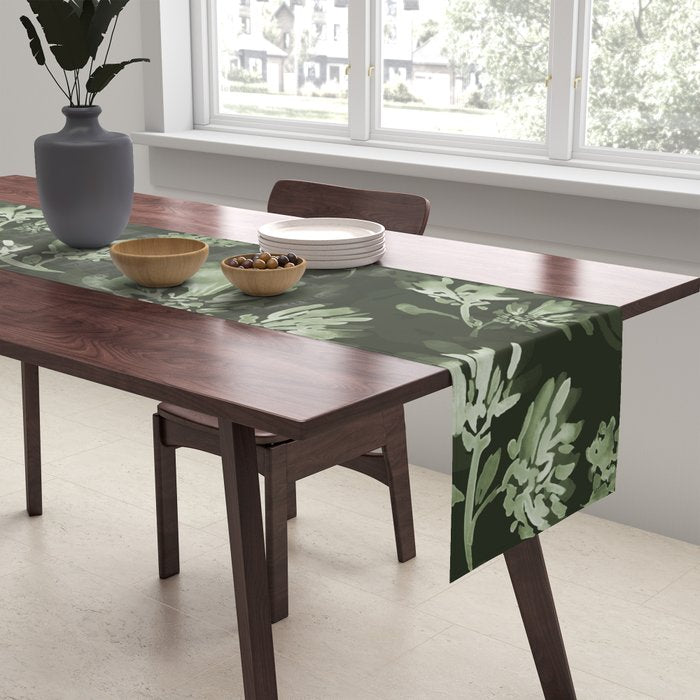White and dark Sage green flowers watercolor pattern Table Runner Gallery Image 2