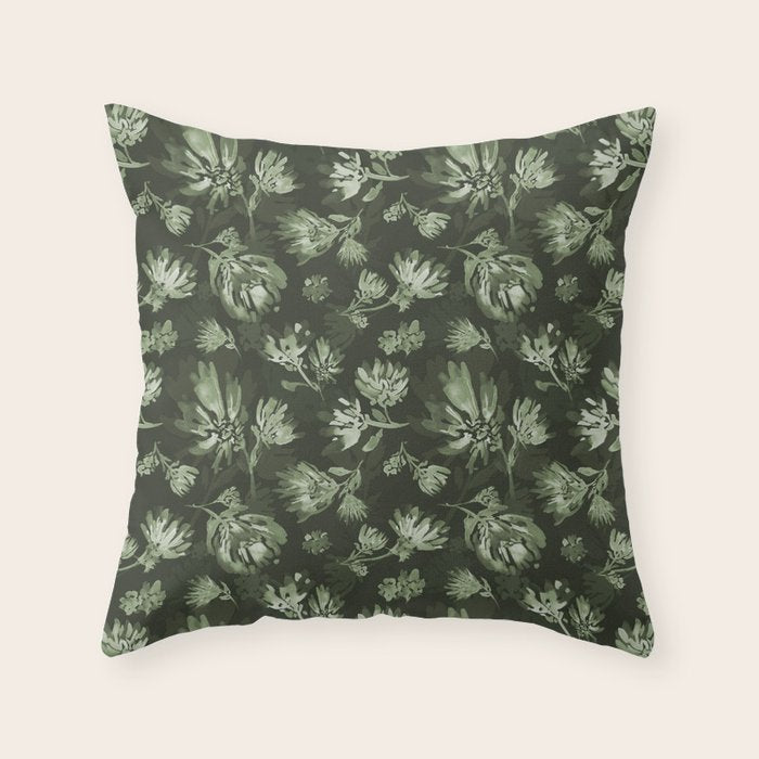 White and dark Sage green flowers watercolor pattern Throw Pillow