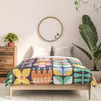 Retro Folk & Floral Colorful Pastel Flower Grid Black Comforter Gallery Image 3