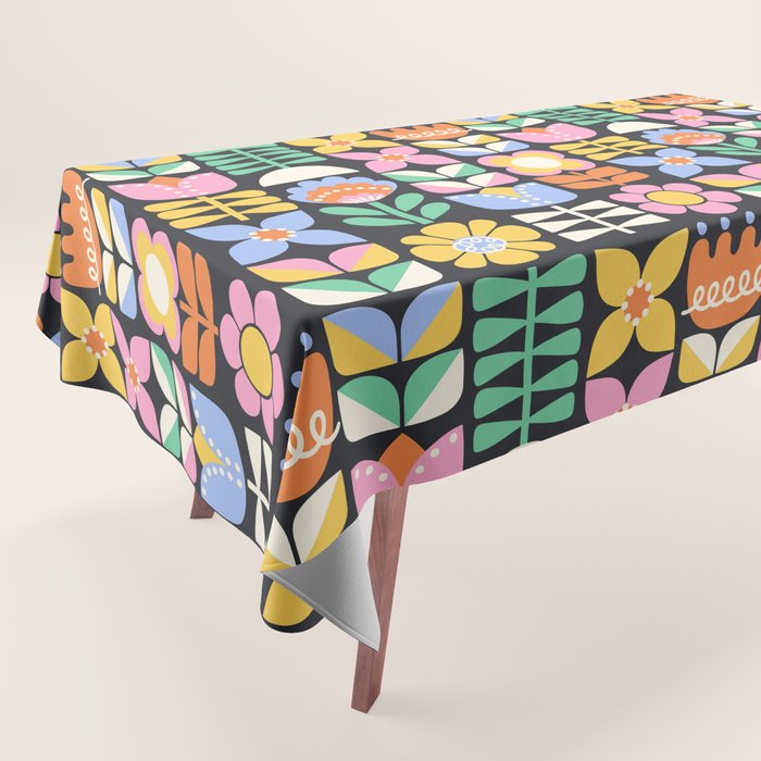 Retro Folk & Floral Colorful Pastel Flower Grid Black Tablecloth Gallery Image 1