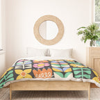 Retro Folk & Floral Colorful Pastel Flower Grid Black Duvet Cover Gallery Image 3