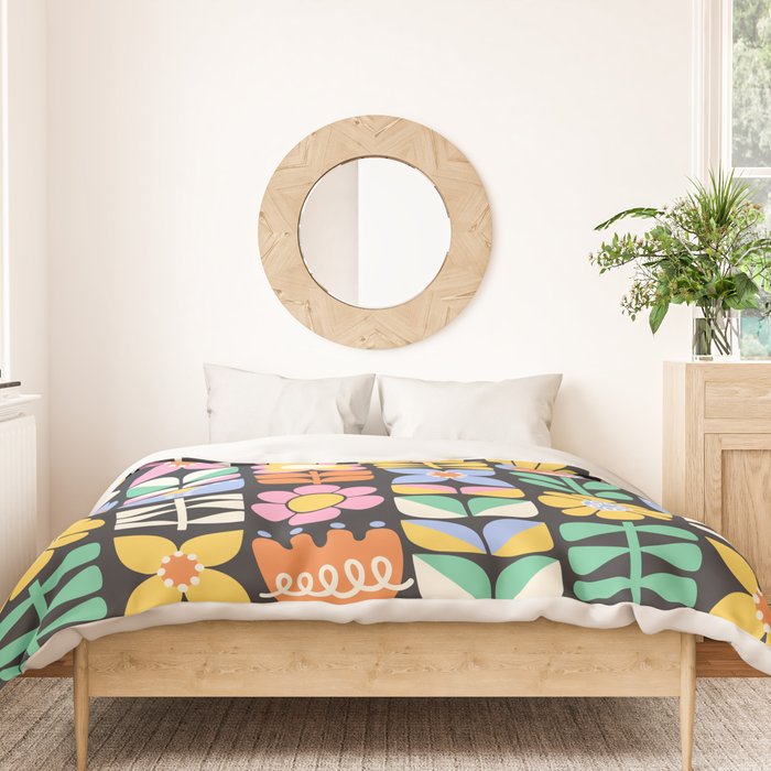 Retro Folk & Floral Colorful Pastel Flower Grid Black Duvet Cover Gallery Image 3