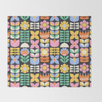 Retro Folk & Floral Colorful Pastel Flower Grid Black Throw Blanket Gallery Image 2