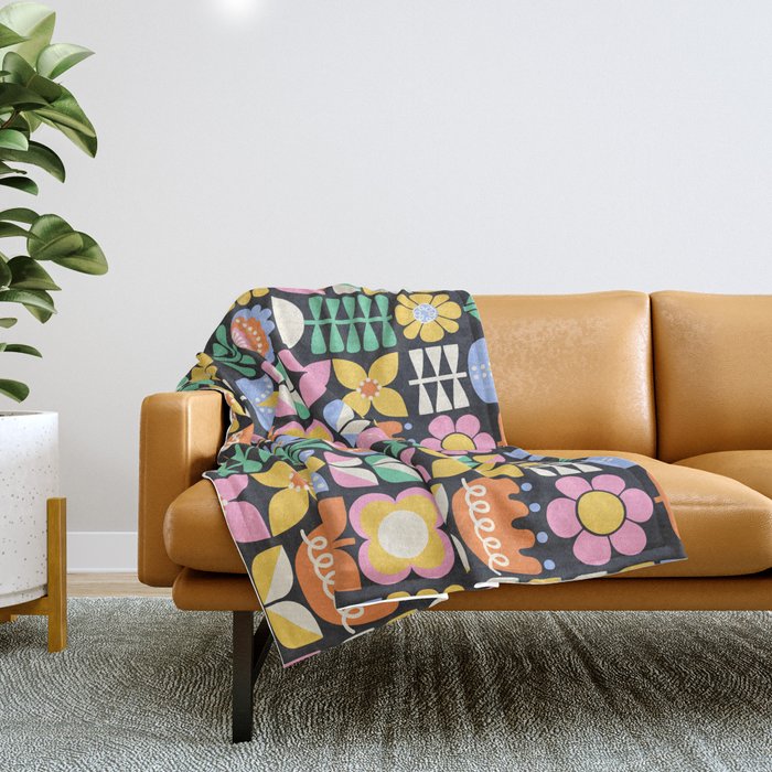 Retro Folk & Floral Colorful Pastel Flower Grid Black Throw Blanket Gallery Image 1