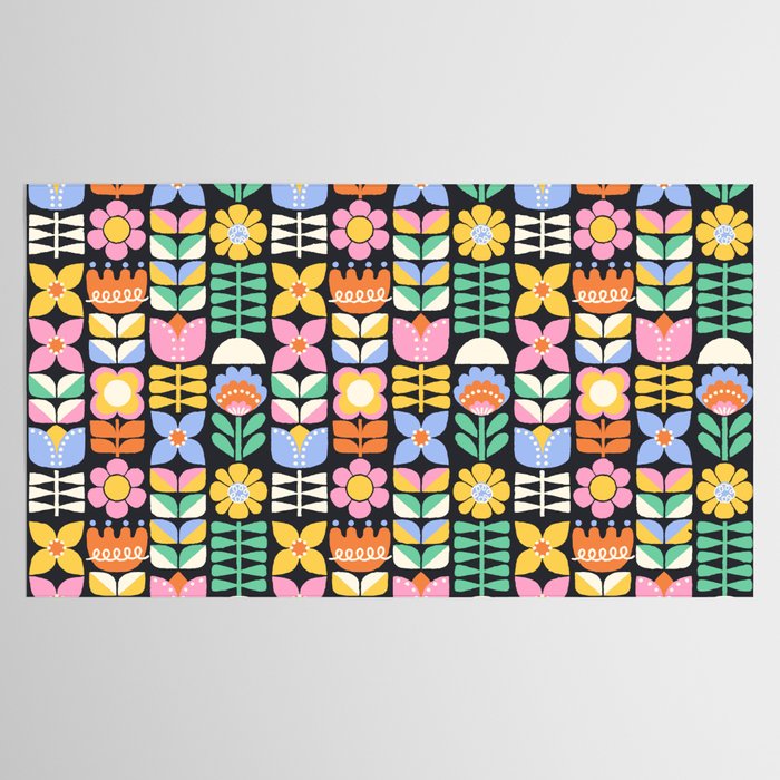 Retro Folk & Floral Colorful Pastel Flower Grid Black Tablecloth Gallery Image 2
